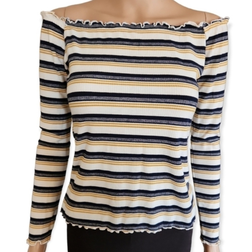 Charlotte Russe Ruffled Striped Top in Navy, White, and Yellow